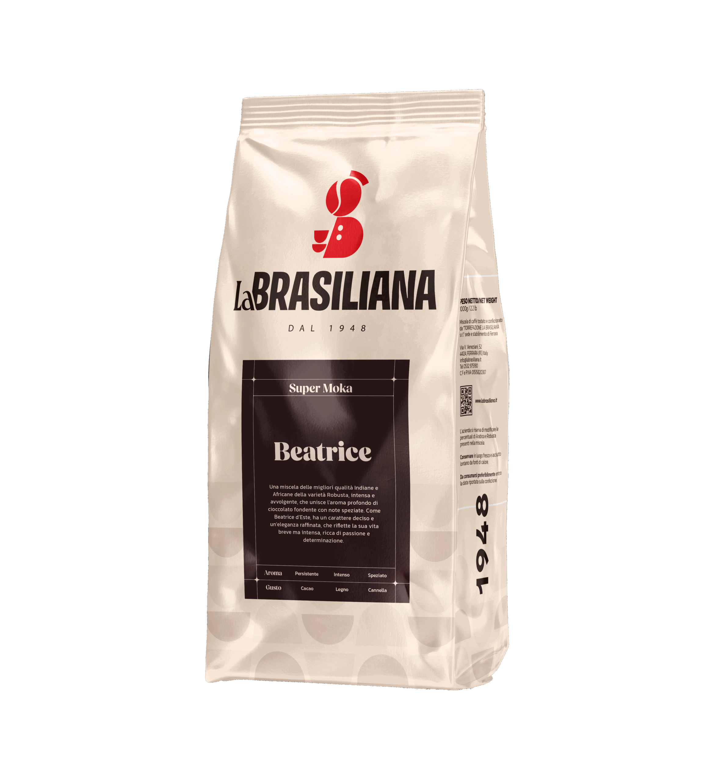 Confezione di caffè Super Moka miscela Beatrice di Torrefazione La Brasiliana, sacchetto da 1000g con note aromatiche di cacao, legno e cannella.