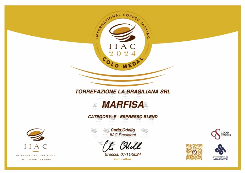Goldmedaille 2024 International Coffee Tasting für Marfisa Kaffeemischung von La Brasiliana, Kategorie Espresso Blend