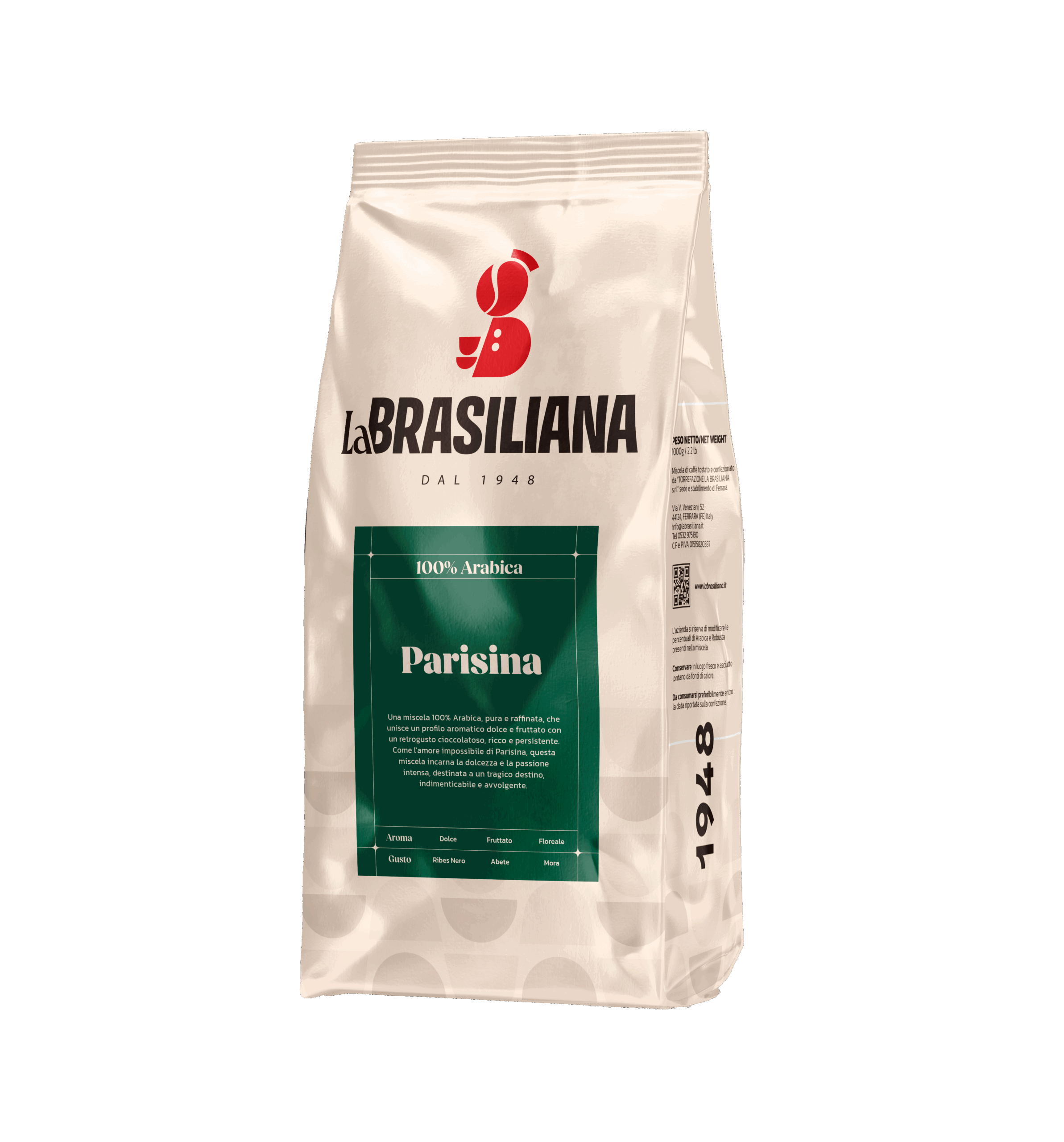 Confezione di caffè in grani Miscela Parisina 100% Arabica di Torrefazione La Brasiliana, sacchetto da 1000g con dettagli sulle note aromatiche di cioccolato e frutta.
