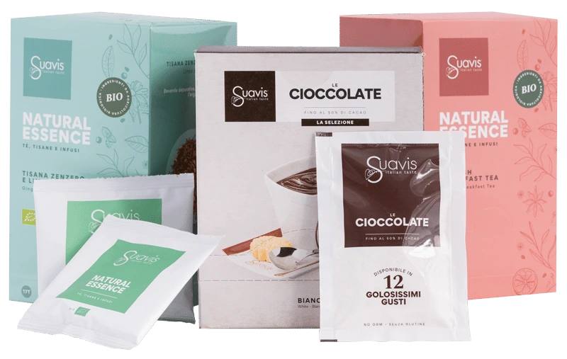 Prodotti Suavis: tisane Natural Essence e cioccolata in bustine Le Cioccolate